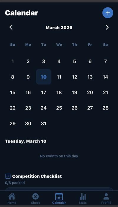 Calendar page — monthly view with event details and competition checklist